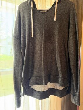 Dark Gray Hooded Pullover Sweatshirt with Contrast Drawstrings